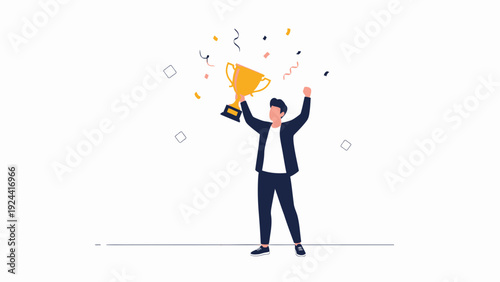 Man Holding Trophy, Celebrating Victory with Confetti
