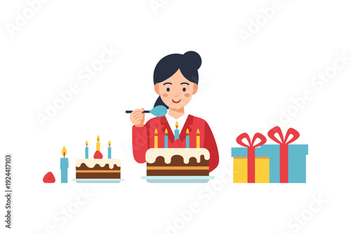 Woman preparing a birthday cake with candles and gifts, celebrating a special occasion