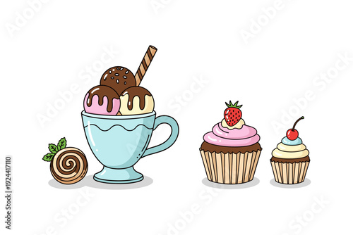 Delicious assortment of ice cream sundae and cupcakes with toppings