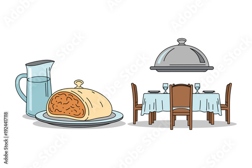 A festive meal presentation with a covered dish and a set dining table with drinks