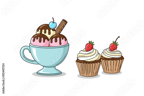 Delicious ice cream sundae and cupcakes with strawberries and chocolate drizzle