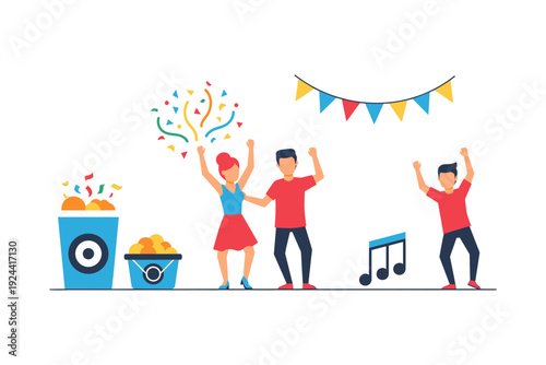 People dancing and celebrating with confetti, music, and party decorations