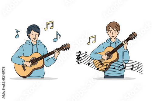 Two young men playing acoustic guitars with musical notes floating around them