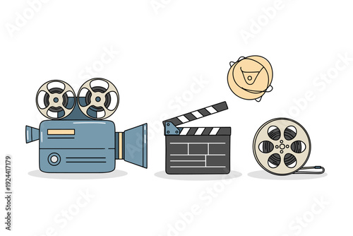 Vintage film camera, clapperboard, and film reel icons for movie production and cinema
