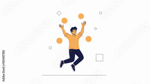 Man Juggling Orbs with Geometric Shapes, Joyful Celebration