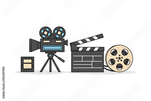 Vintage film camera, clapperboard, and film reel icons arranged on a white background