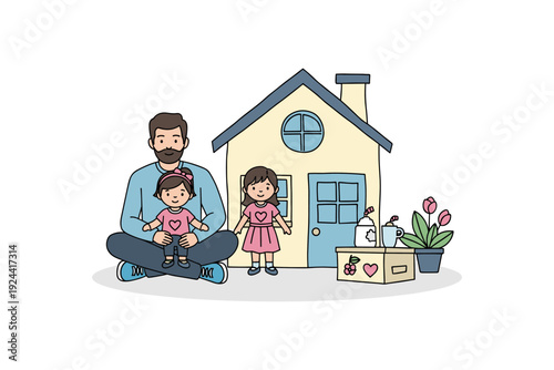 Father and two daughters with a house and toys, symbolizing family and homeownership