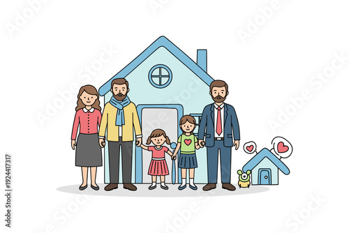 Diverse family with two fathers and a mother standing in front of their home