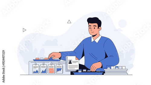 Man organizing business data and documents on a desk, flat illustration