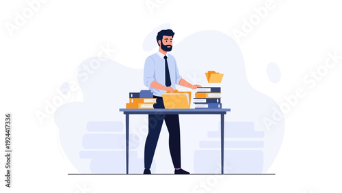 Man organizing documents and folders on a desk, business workflow concept