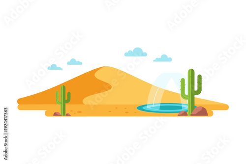 Vibrant desert oasis with cacti, sand dunes, and a refreshing water fountain under a blue sky