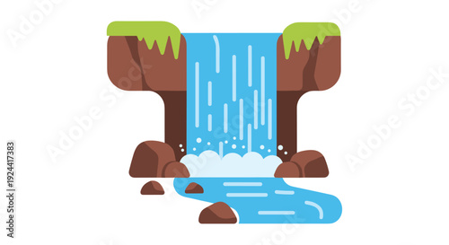Stylized flat illustration of a cascading waterfall flowing over rocks into a river