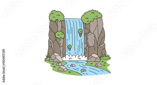 Charming cartoon waterfall cascading down rocky cliffs into a flowing river below