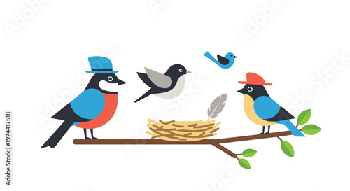 Charming cartoon birds with hats gather around a nest on a tree branch
