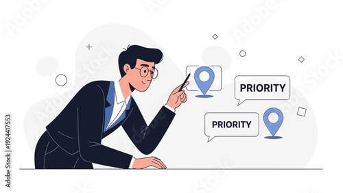 Businessman Planning and Prioritizing Tasks with Location Pins