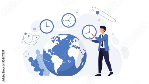 Businessman managing global time zones with clocks and planet earth illustration