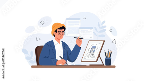 Artist drawing portrait on tablet, creative illustration, digital art concept