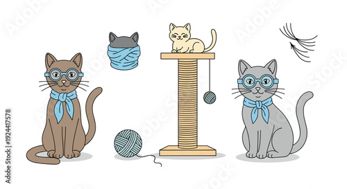 Cute cartoon cats with glasses and scarves, playing with yarn and scratching post