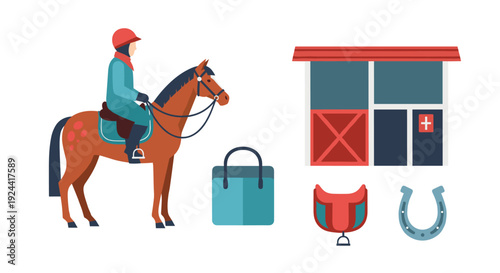 Equestrian lifestyle elements including horse rider, stable, saddle, horseshoe, and bag