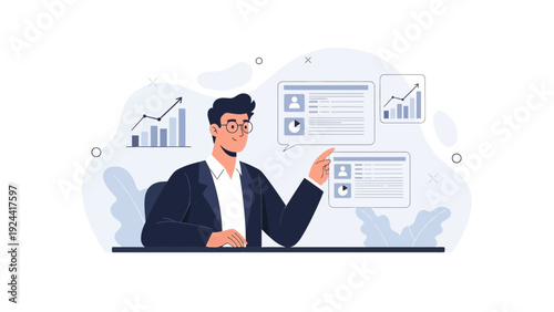 Business analyst presenting data insights and analytics charts in modern office setting