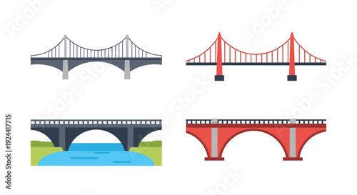 Collection of four distinct bridge illustrations in a flat design style
