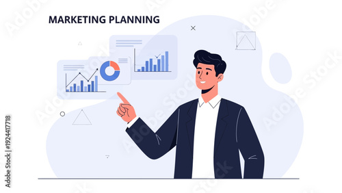 Business man pointing at marketing planning charts and graphs