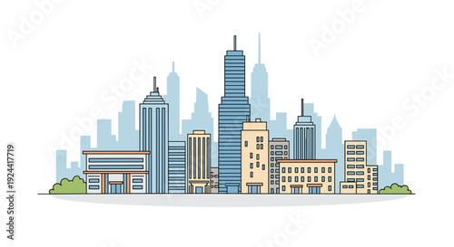 Modern city skyline with diverse buildings and skyscrapers in a clean, flat design style