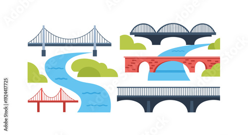 Collection of diverse bridge types illustrated over flowing rivers and green landscapes