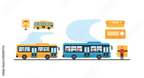 Public transportation concept with buses, passengers, and bus stop elements