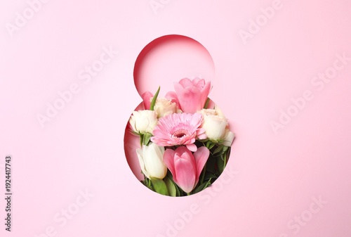 8 March International Women's Day design template. 8 March background with beautiful bunch of spring flowers, blank card. Flat lay, above view.