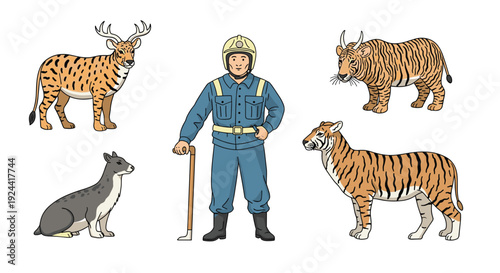 Park ranger with exotic animals including tigers, deer, and antelope in a conservation setting