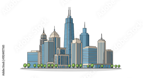 Modern city skyline with diverse skyscrapers and green trees in a clean vector illustration