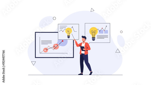 Business man presenting strategy with charts and lightbulb ideas