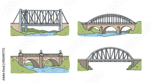 Collection of four distinct bridge illustrations spanning a tranquil blue river with green banks