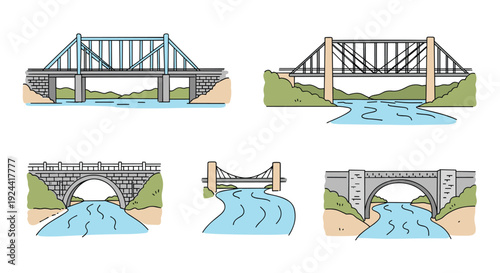 Collection of five distinct bridge illustrations spanning a flowing river with green banks