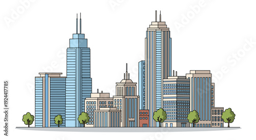Modern city skyline with diverse skyscrapers and trees in a clean line art style