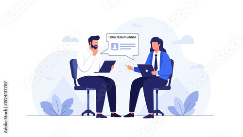 Business meeting illustration: colleagues discussing long-term plans on laptops