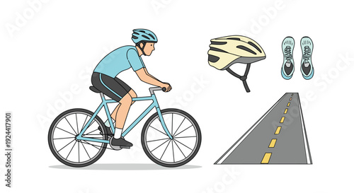 Cyclist riding a bicycle with helmet, shoes, and road elements on white background