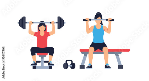 Two women performing strength training exercises with barbells and weights on benches