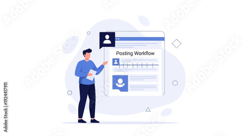 Business process optimization concept, man analyzing posting workflow on screen