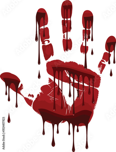 Bloody handprint with dripping blood splatter effect, horror crime scene vector illustration isolated on white background