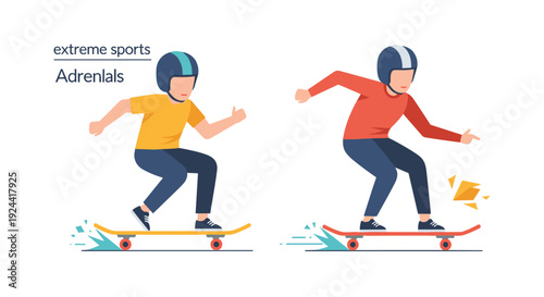 Two skateboarders in helmets performing tricks on skateboards, dynamic action illustration