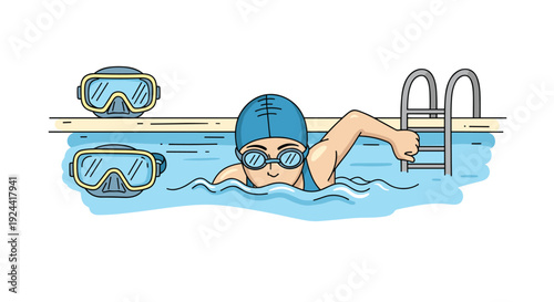 Person swimming freestyle in a pool with goggles and swim cap, diving masks nearby