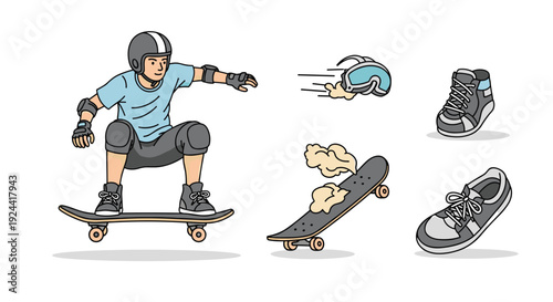 Young skateboarder in protective gear performs a trick on a skateboard with separate elements