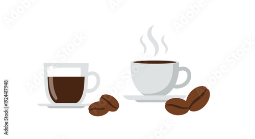 Two cups of coffee, one steaming hot, with roasted coffee beans on a white background