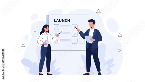 Business team planning a new product launch with checklist on whiteboard