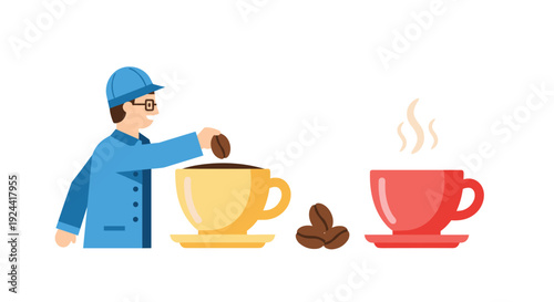 Barista adding coffee bean to cup, preparing hot beverage with steaming mug nearby