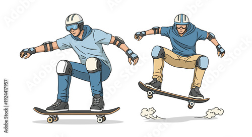 Two skateboarders in protective gear performing tricks on skateboards, one in mid-air