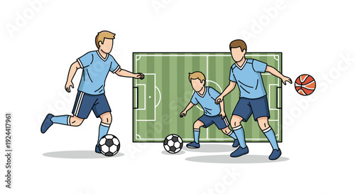 Three diverse athletes in light blue uniforms playing soccer and basketball on a field
