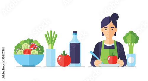 Woman preparing healthy salad with fresh vegetables and ingredients for cooking